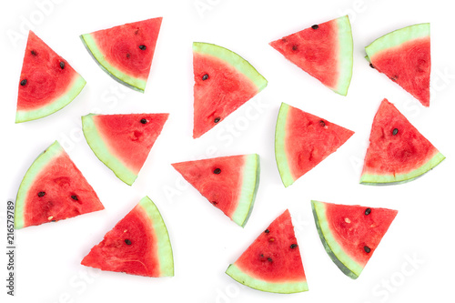 slices of watermelon isolated on white background. Top view. Flat lay pattern