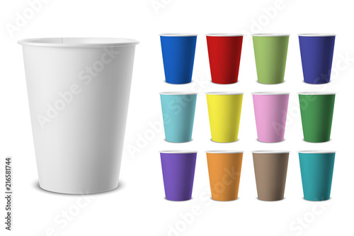 Vector realistic 3d classic retro colored paper disposable cup icon set closeup isolated on white background. Design template for graphics, mockup. Front view