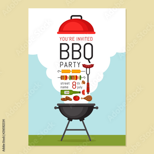 Bbq party invitation with grill and food. Barbecue poster. Food flyer. Flat style, vector illustration.