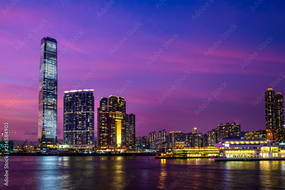 Twilight of Victoria Harbor of Hong Kong