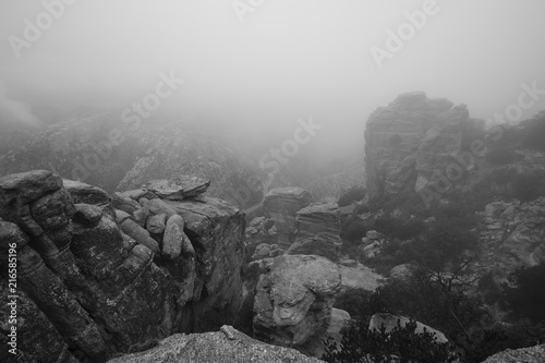 Rock formations in the fog and mist on Mt. Lemmon, Arizona, USA.