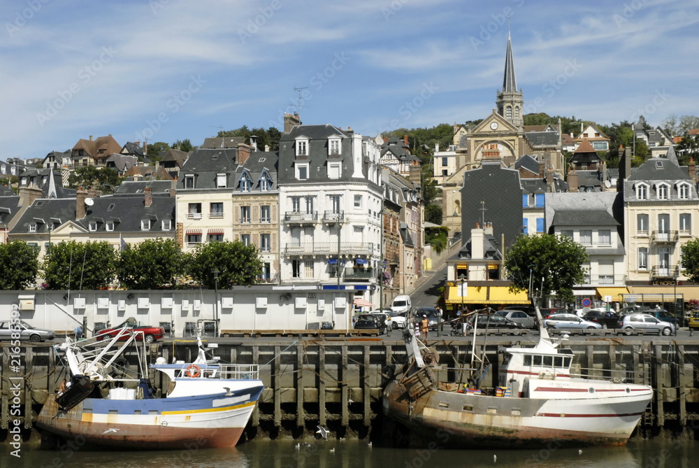 Ville de Trouville, le port de pêche à marée basse et la ville , département du Calvados, Normandie, France 