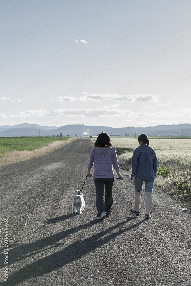 Fototapeta premium Mother and daughter walking dog.