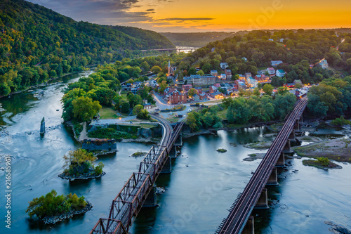 A sunset view from Maryland Heights, overlooking Harpers Ferry, West Virginia. photo