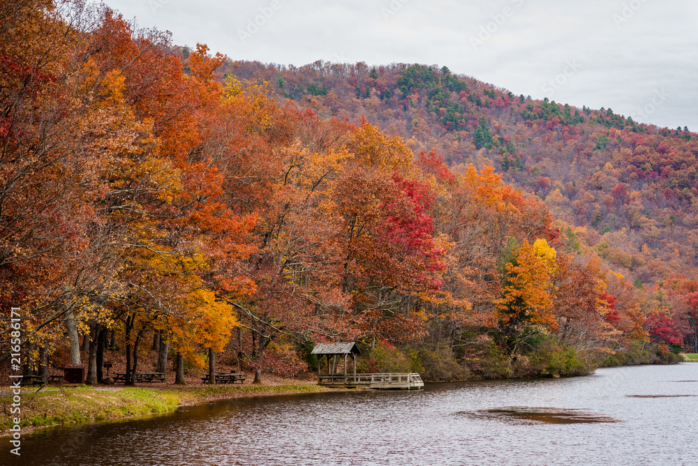 Autumn color at Sherando Lake, near the Blue Ridge Parkway in George Washington National Forest, Virginia.