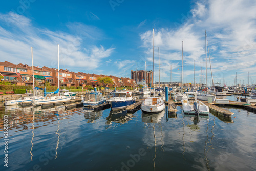 Boats in a marina on the waterfront in Canton, Baltimore, Maryland