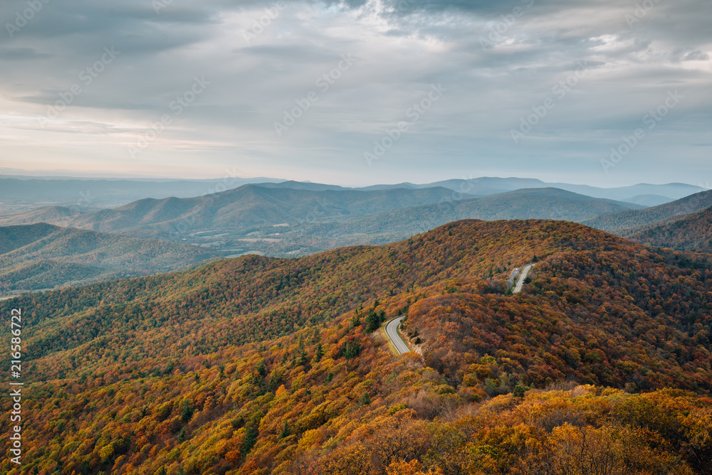 Fall color and Blue Ridge Mountains from Little Stony Man Cliffs, on the Appalachian Trail in Shenandoah National Park, Virginia