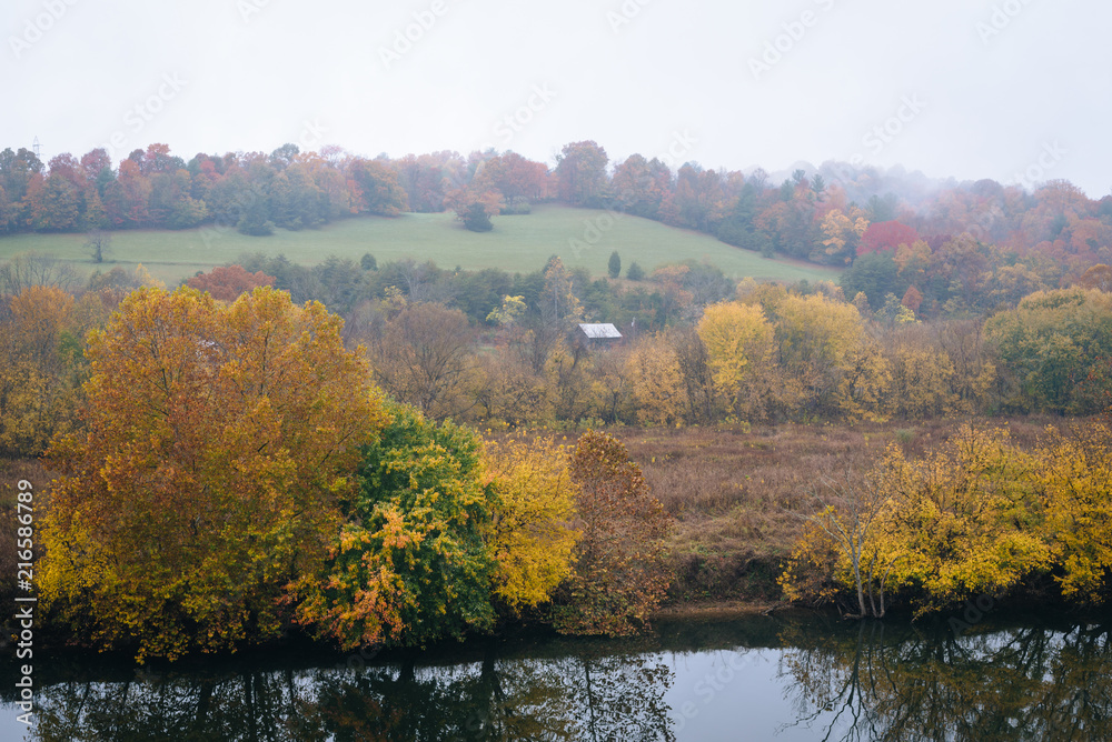 Fall foliage along the James River, seen from the Blue Ridge Parkway in the Appalachian Mountains of Virginia