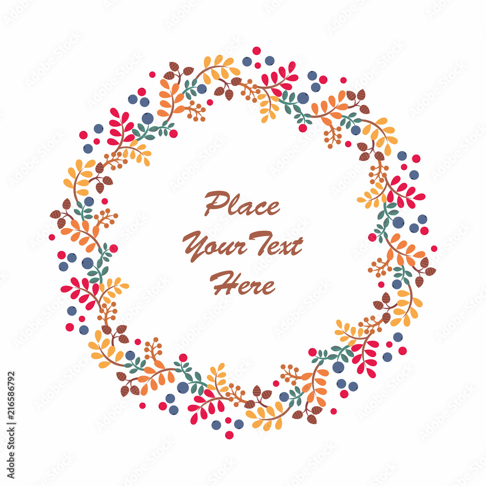 Beautiful autumn wreath with branches and leaves on a white background. Floral round frame.