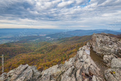 Fall color and Blue Ridge Mountains from Little Stony Man Cliffs, on the Appalachian Trail in Shenandoah National Park, Virginia