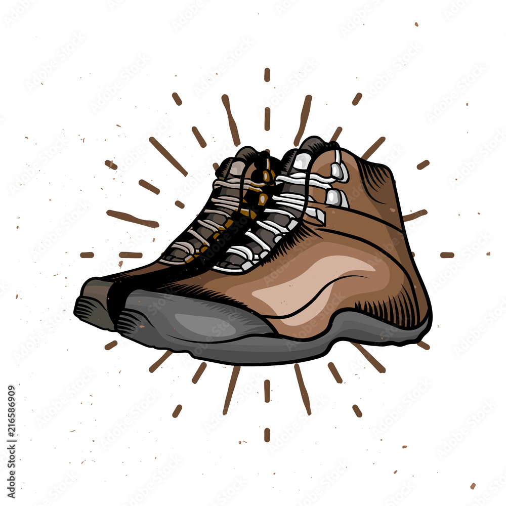 Vector cartoon hiking shoes. Trekking boots with sunburst on the  background. Stock Vector | Adobe Stock