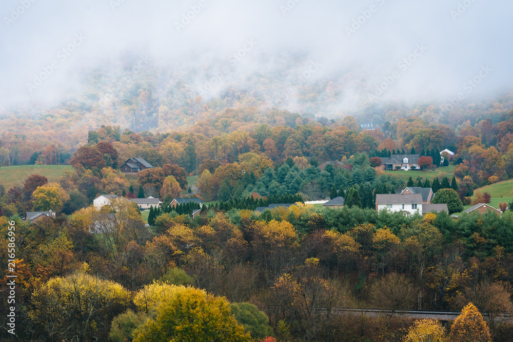Foggy Appalachian autumn view from the Blue Ridge Parkway, near Roanoke, Virginia.