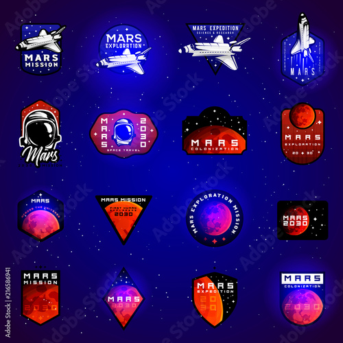 Space mission to Mars vector emblems concept with space shuttle