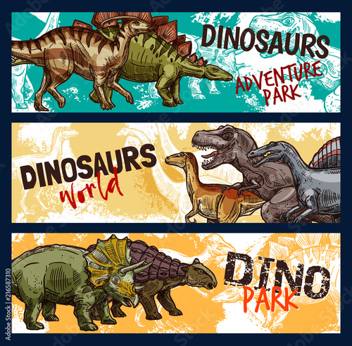 Dinosaur, dino and jurassic monster banners
