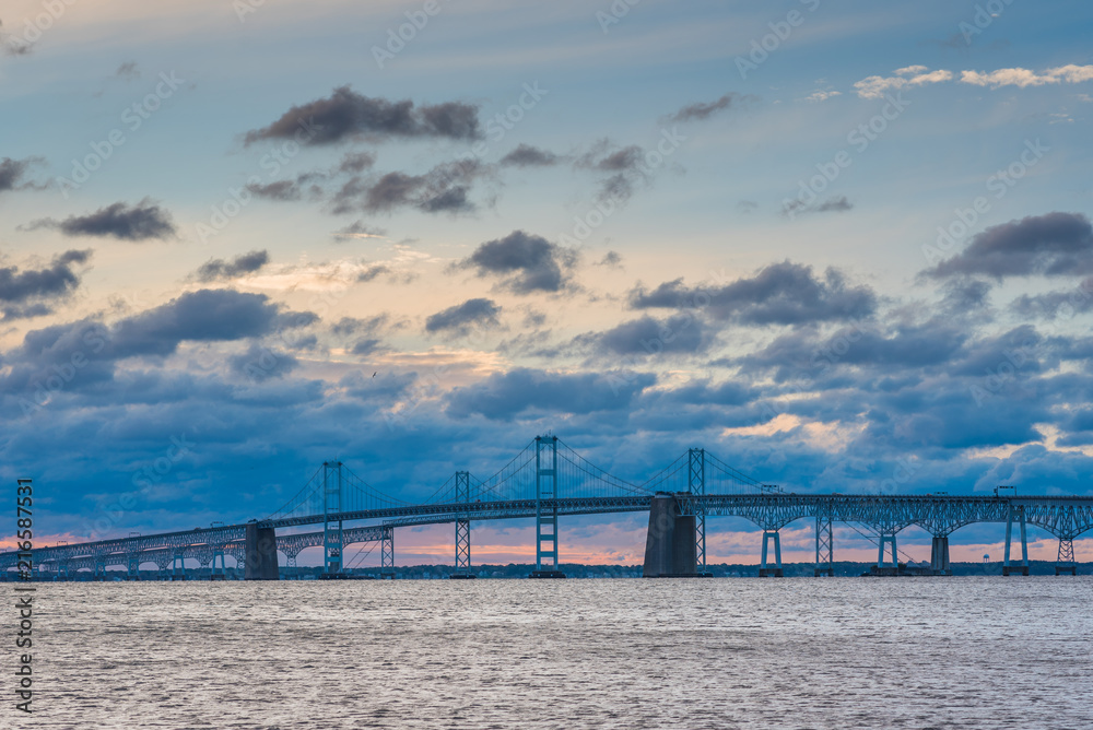Sunrise view of the Chesapeake Bay Bridge from Sandy Point State Park, in Annapolis, Maryland
