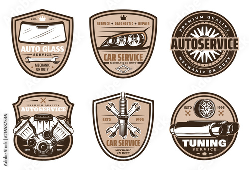 Auto service retro badge of car repair shop design