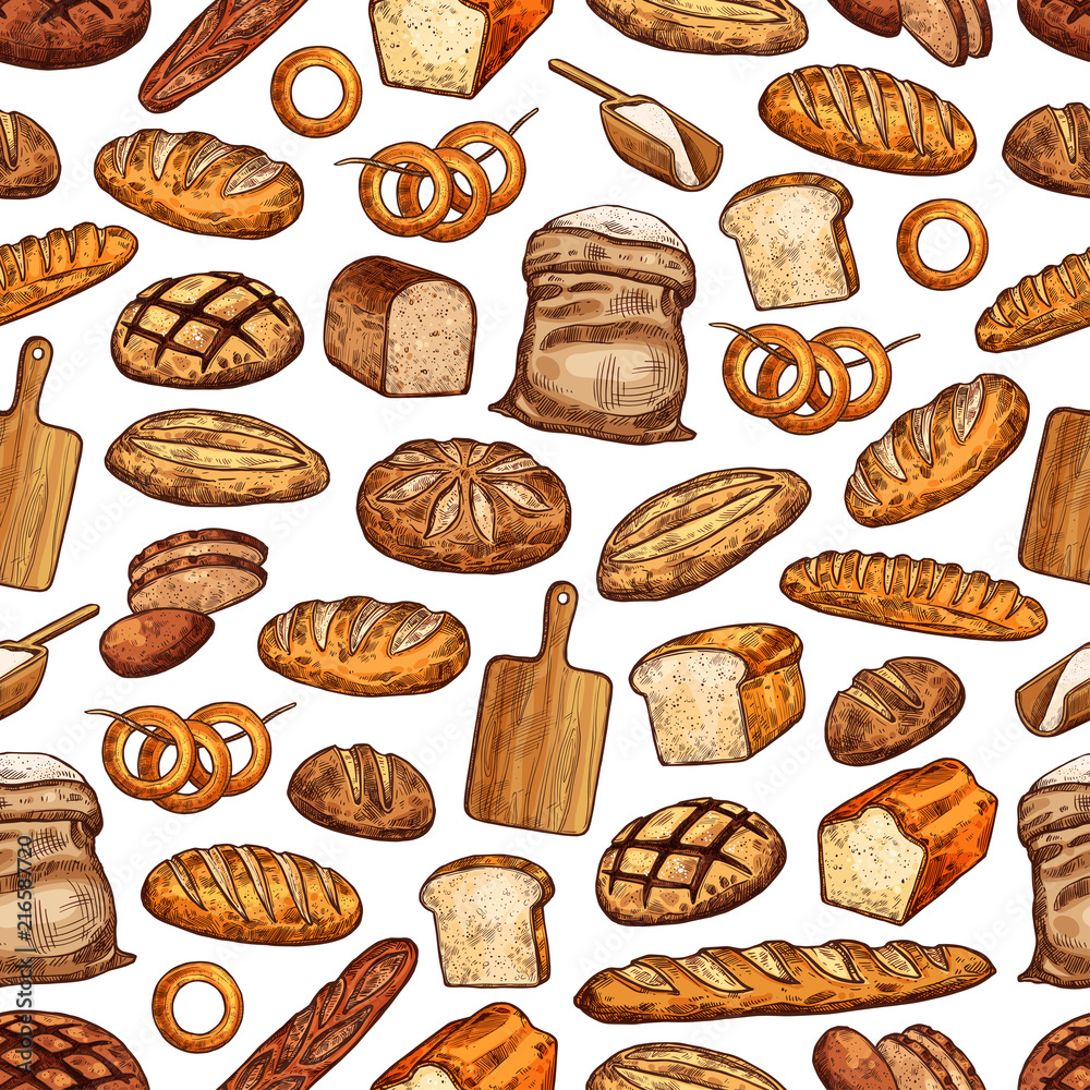 Bread loaf, bun and baguette seamless pattern Bread loaf, bun and baguette seamless pattern
