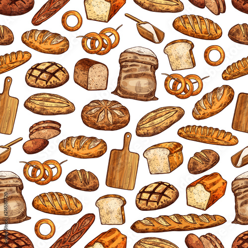 Bread loaf, bun and baguette seamless pattern