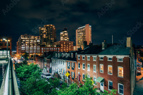 View of Exeter Street at night  in Little Italy  Baltimore  Maryland