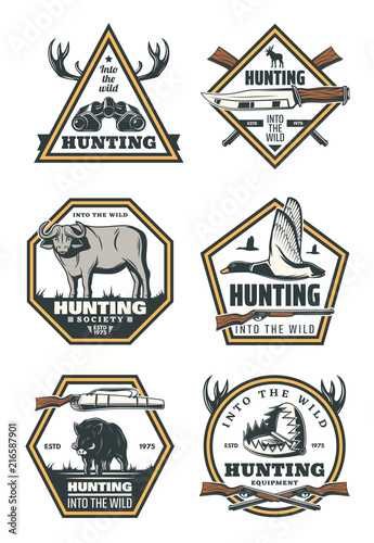 Hunting retro icons with animals and hunter gun