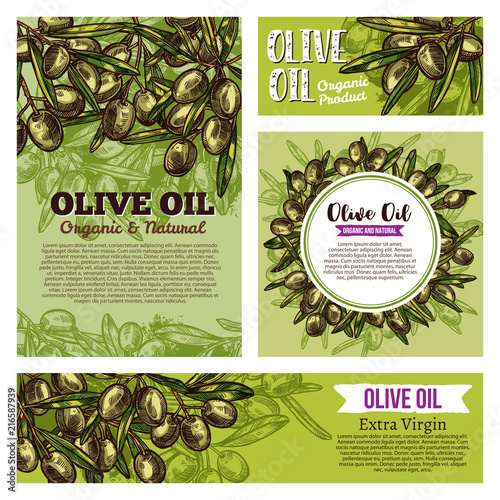 Olive oil labels with fruits and green branches