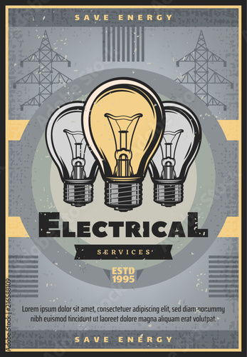 Save energy retro banner of electrical service