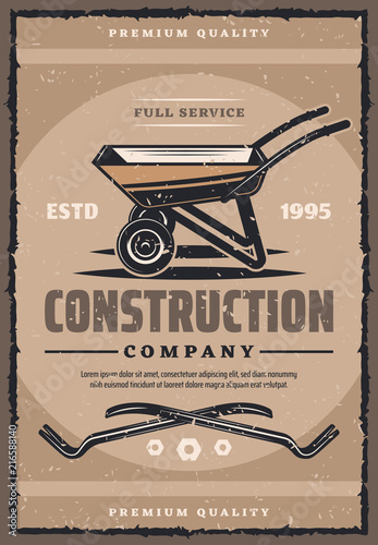 Construction company vintage banner with work tool