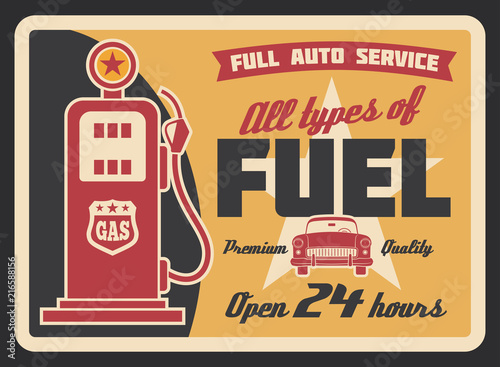 Gas station retro banner with petrol pump and car