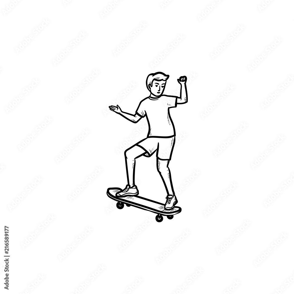 Man riding skateboard hand drawn outline doodle icon. Sport and active lifestyle, urban skate park concept. Vector sketch illustration for print, web, mobile and infographics on white background.