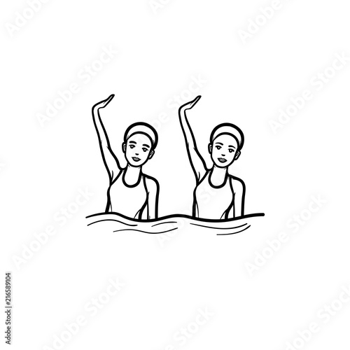 Paired performance synchronized swimming. Female synhronized swimmers, swimmers teamwork, swimming pool concept. Vector sketch illustration for print, web, mobile and infographics on white background.