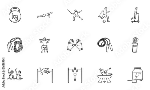 Sports and workout hand drawn outline doodle icon set. Outline doodle icon set for print, web, mobile and infographics. Fitness, equipment vector sketch illustration set isolated on white background.