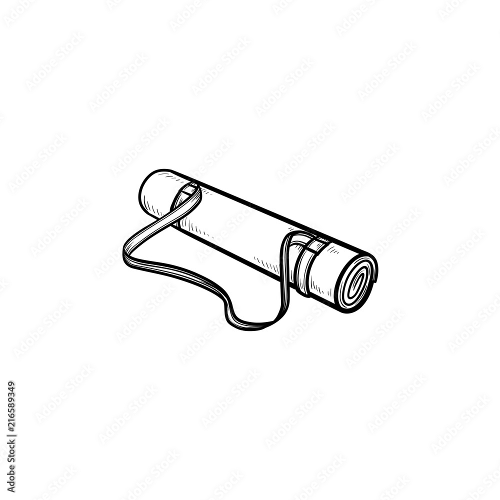 Roll of camping or fitness carpet. Comfortable exercises, hiking and tourism equipment, yoga carpet concept. Vector sketch illustration for print, web, mobile and infographics on white background. Roll of camping or fitness carpet. Comfortable exercises, hiking and tourism equipment, yoga carpet concept. Vector sketch illustration for print, web, mobile and infographics on white background.