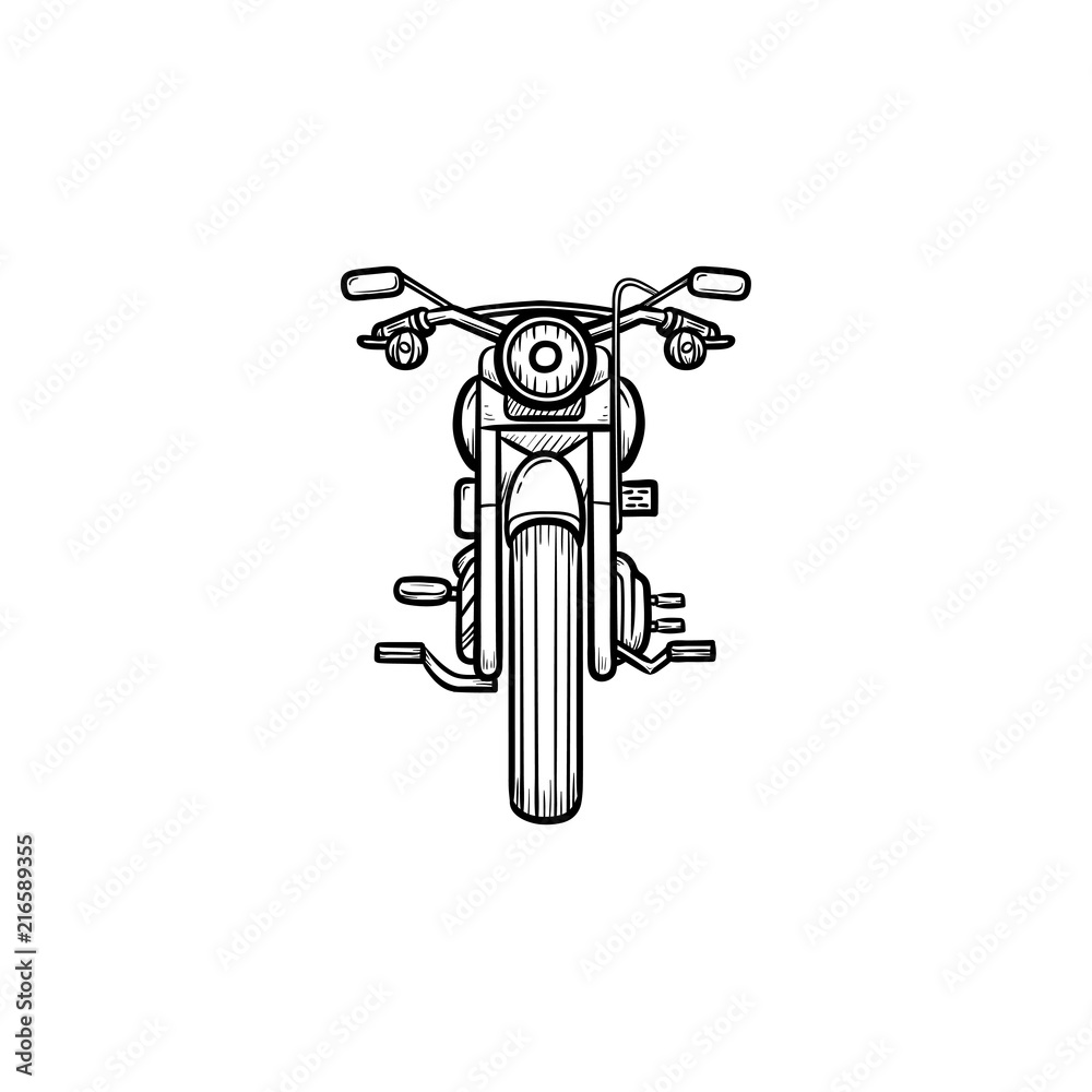 Fototapeta premium Front of motorbike hand drawn outline doodle icon. Speed ride, motorcycle sport, fast transport concept. Vector sketch illustration for print, web, mobile and infographics on white background.