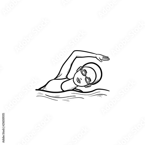 Female freestyle swimmer hand drawn outline doodle icon. Sportsman swimming, water sport activity concept. Vector sketch illustration for print, web, mobile and infographics on white background.