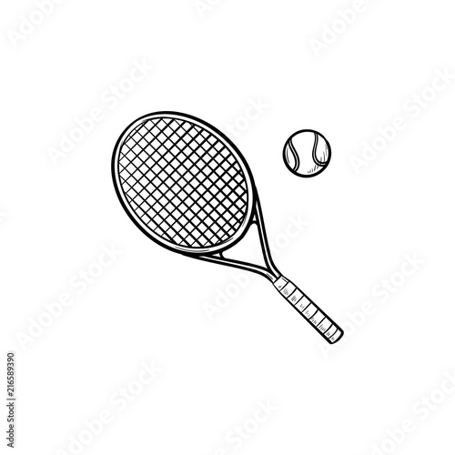 Tennis racket and tennis ball hand drawn outline doodle icon. Tennis court, equipment, sport tournament concept. Vector sketch illustration for print, web, mobile and infographics on white background.