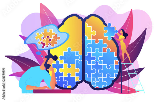 Man doing human brain puzzle. Psychology and psychotherapy session, mental healing and wellbeing, therapist counselling mental illness and difficulties violet palette. Vector isolated illustration.