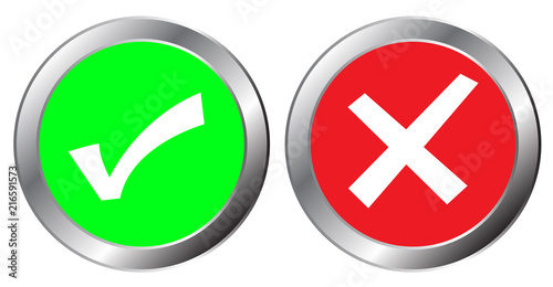 yes and no button symbol, The mark is correct and incorrect on green and red aluminium button