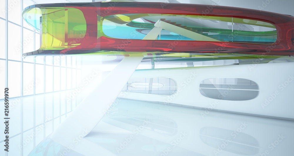 Fototapeta premium Abstract white and colored gradient glasses interior multilevel public space with window. 3D illustration and rendering.