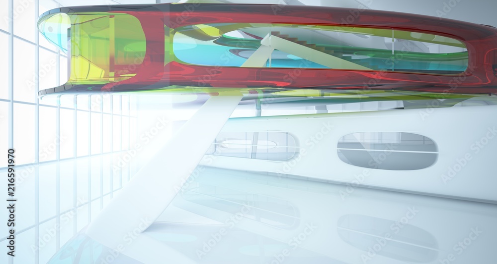 Abstract white and colored gradient glasses interior multilevel public space with window. 3D illustration and rendering.