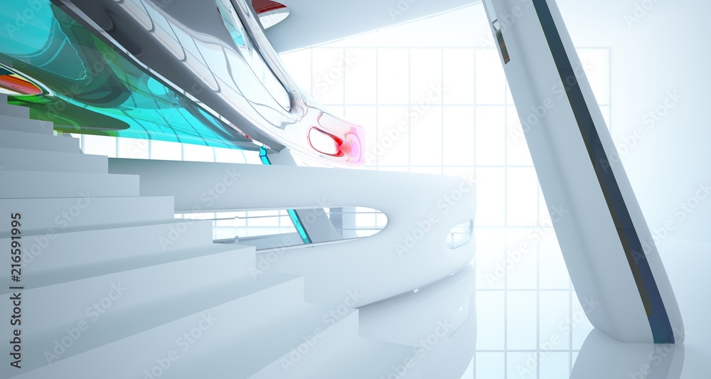Fototapeta premium Abstract white and colored gradient glasses interior multilevel public space with window. 3D illustration and rendering.