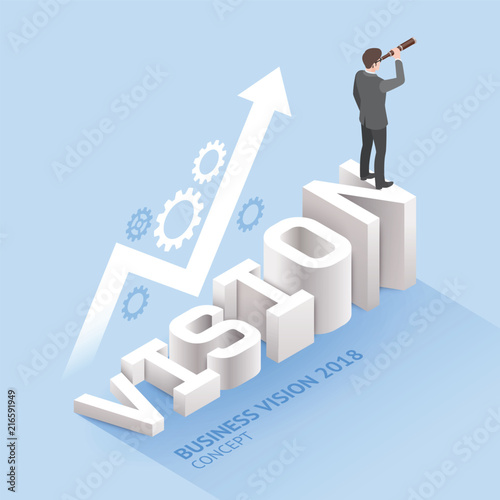 Business vision concepts. Businessman standing with binoculars on “vision” text. Isometric vector illustration.
