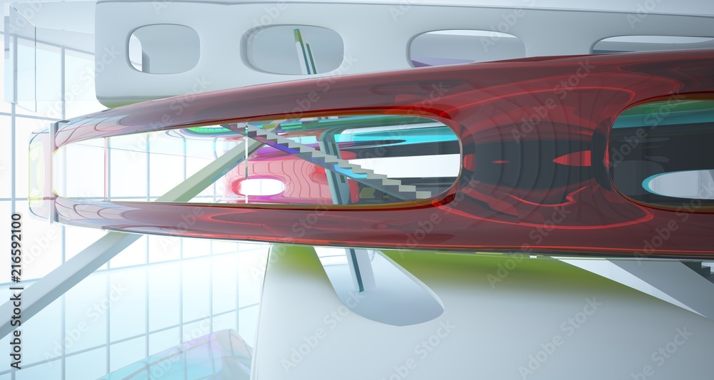 Fototapeta premium Abstract white and colored gradient glasses interior multilevel public space with window. 3D illustration and rendering.
