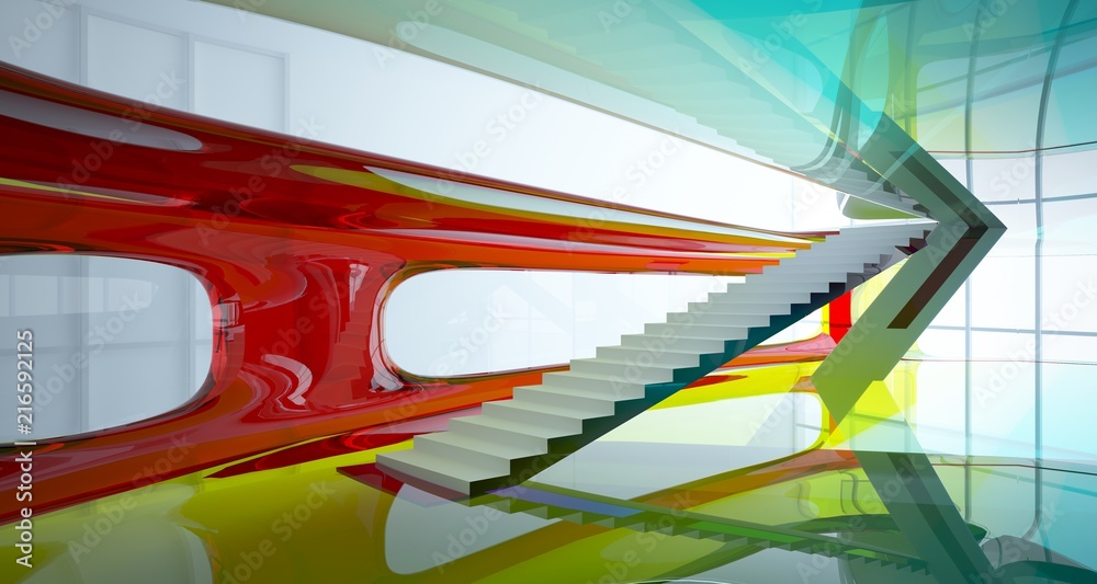 Fototapeta premium Abstract white and colored gradient glasses interior multilevel public space with window. 3D illustration and rendering.