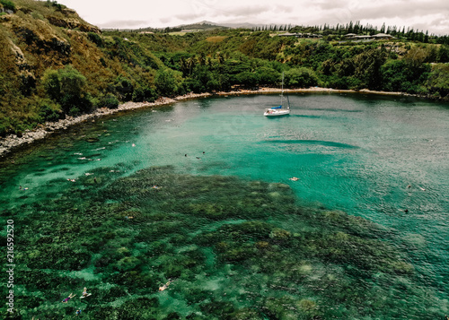 Honolua Bay Maui Coast Aerial View of Snorkelers and Sailboat