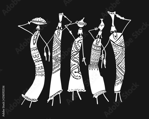 African women with jugs, ornate sketch for your design