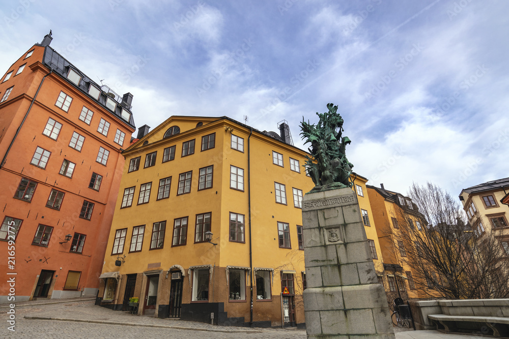 Stockholm city skyline at Saint George and the Dragon statue, Stockholm Sweden
