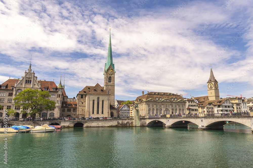 Zurich city skyline at Limmat River with Fraumunster Church, Zurich Switzerland