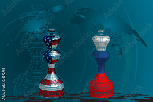Trade war between USA and Russia, conceptual collage. chess queens with american and russian flags texture on a chessboard