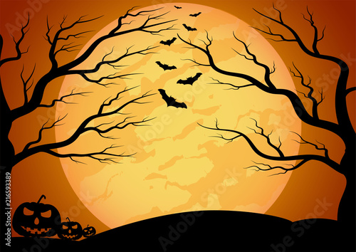 Halloween vector background with dark castle, moon and bat silhouette style of sunset orange light