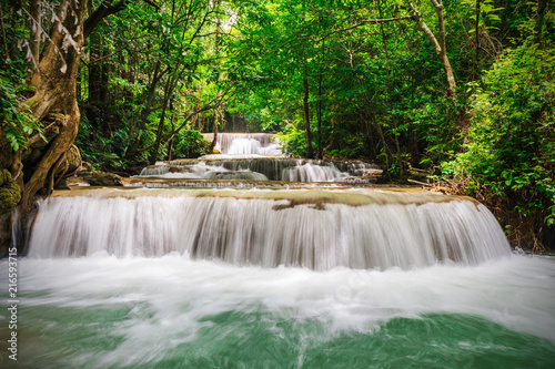 Beautiful waterfall in tropical rainforest at Kanchanaburi province, Thailand